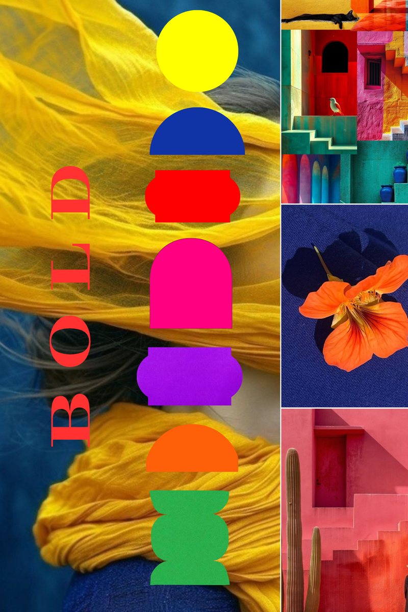 Bold range mood board: yellow, blue, red, pink, purple, orange and green