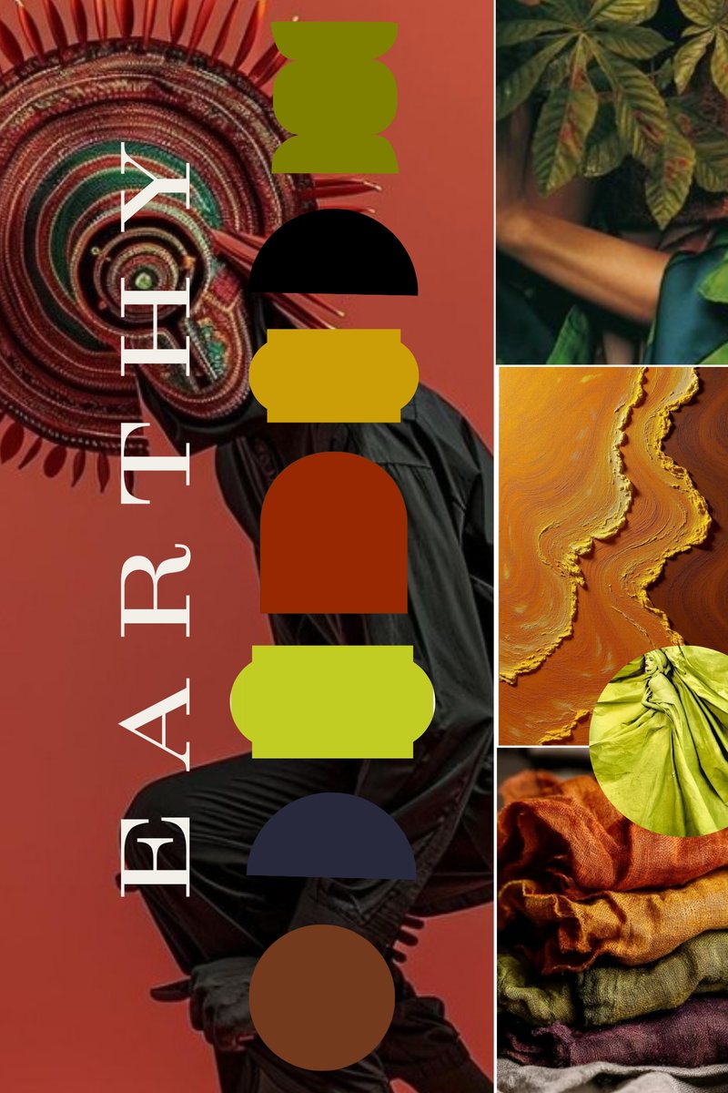 Earthy range mood board: moss, ochre, clay, navy and brown