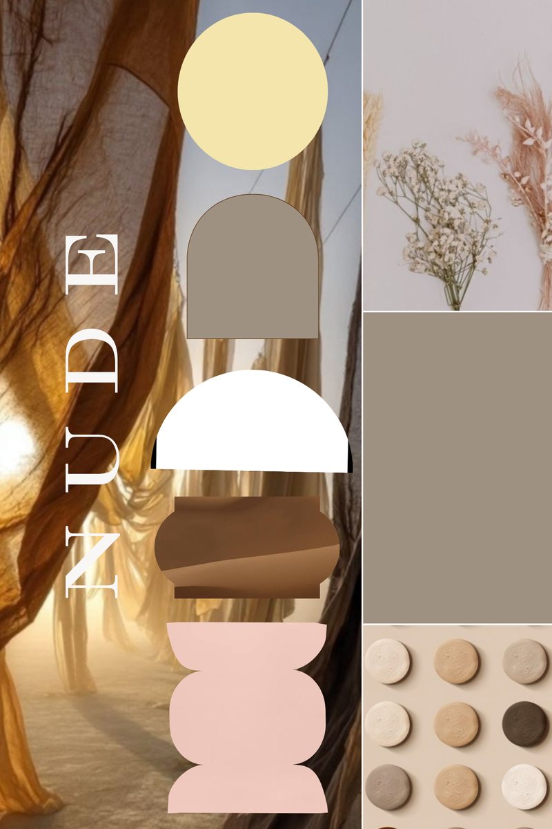 Nude range mood board: white, vanilla, sand, blush and taupe